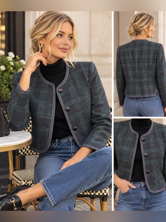 San Fransisco Boutique Jackets & Blazers - Vintage San Francisco Boutique Plaid Cropped Blazer in Blue and Green